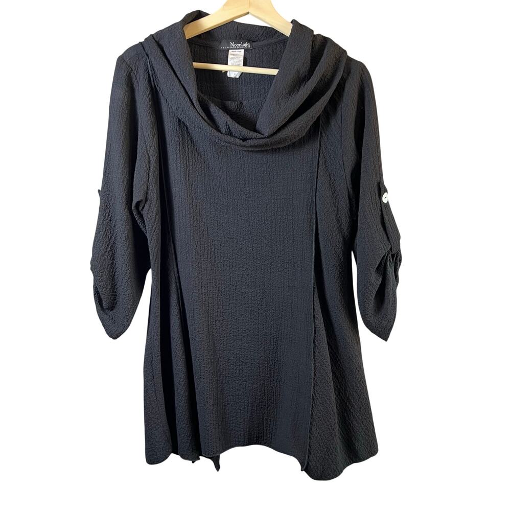 Moonlight Black Lagenlook Artsy Tunic Top with Roll Tap Sleeves Size S